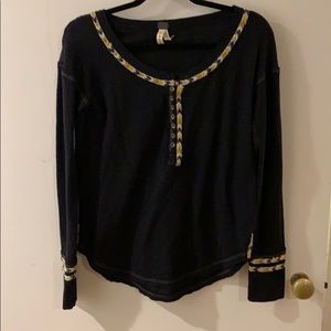 Free People Black with Embroidery Thermal Top